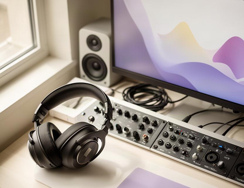 ヘッドホンで音声波形を確認するポッドキャスト編集者の作業机